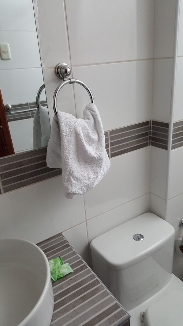 A bathroom with a toilet, a sink, and a towel rack with two towels. - Gold Tacna (Tacna)