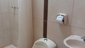 A bathroom with a toilet, a sink, and a trash bin.