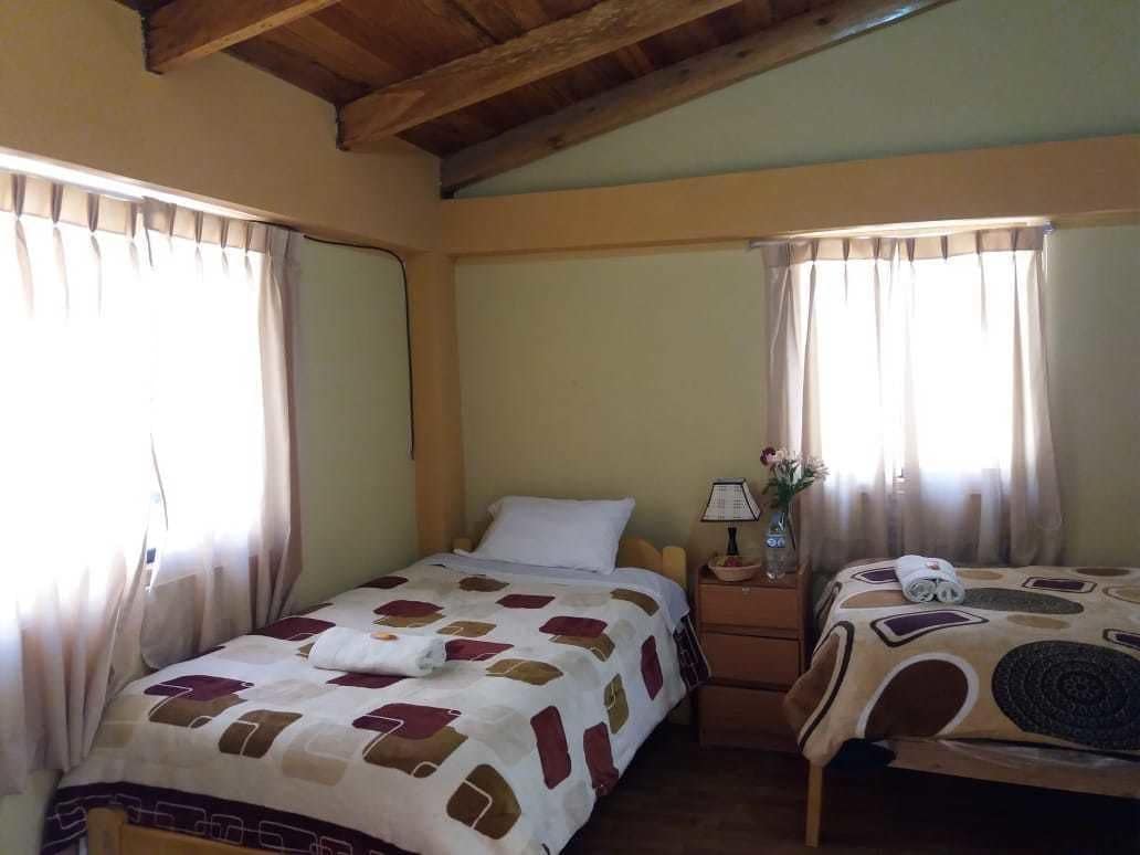 Une chambre avec deux lits, chacun recouvert d’une couvre-lit à motifs, une table de chevet avec une lampe et des rideaux aux fenêtres.