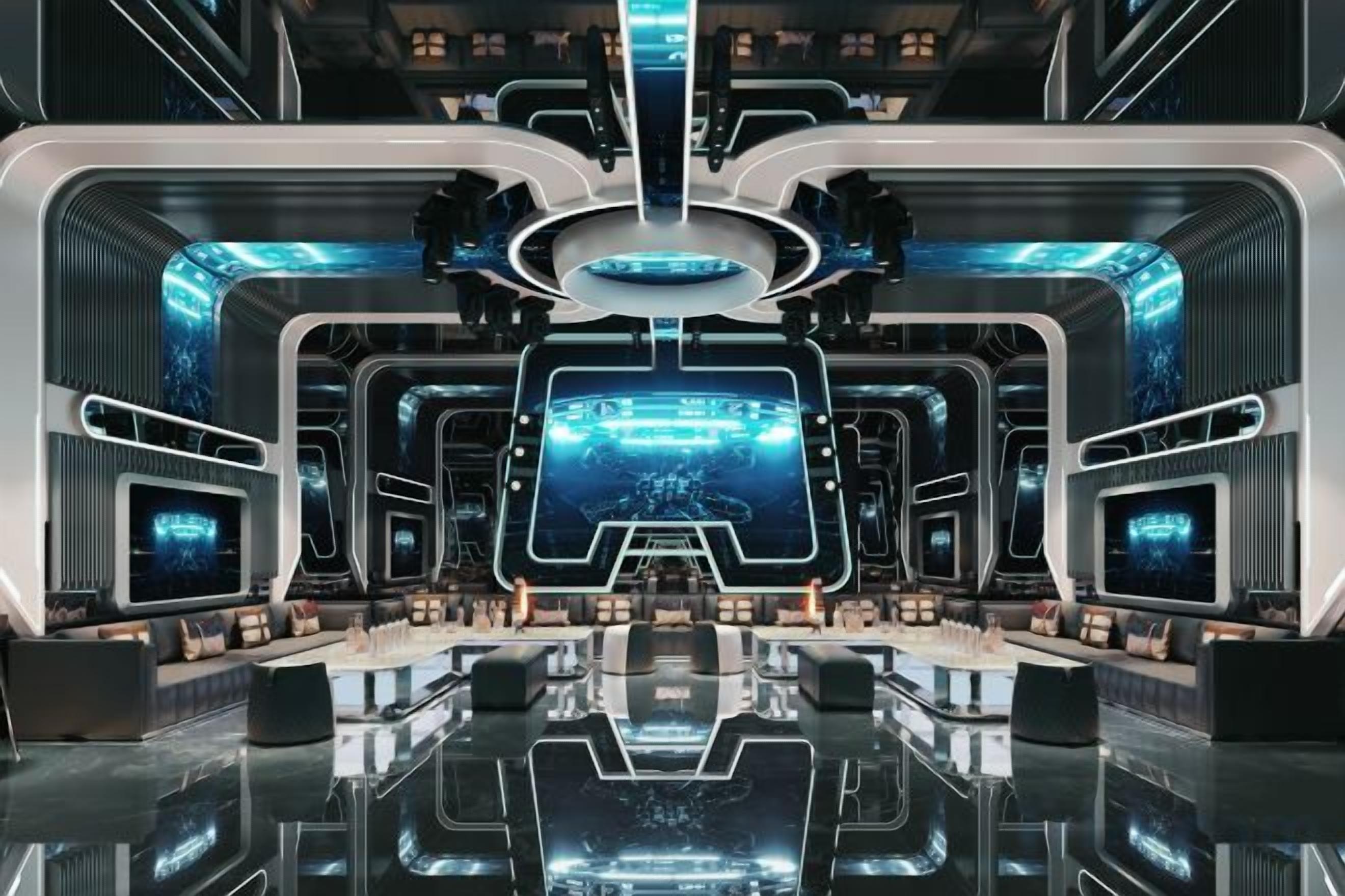 Un interior futurista con un panel de control central, varias pantallas y un suelo reflectante.