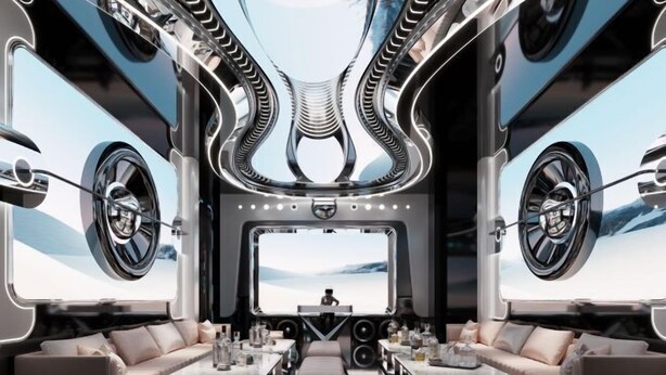 Un interno lussuoso con una zona salotto centrale, ampie finestre e un design moderno.