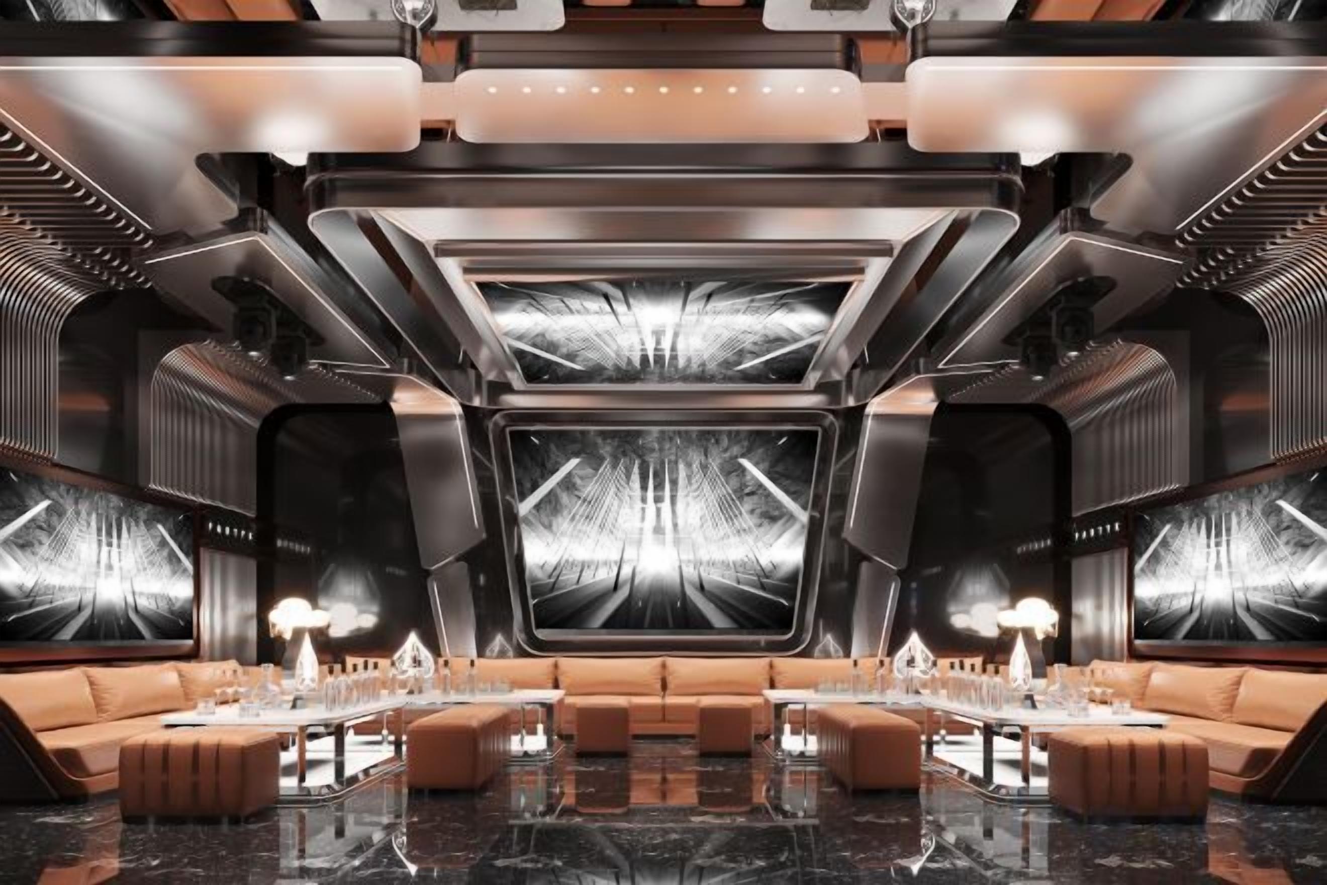 A futuristic lounge area with a central seating arrangement, large reflective surfaces, and ambient lighting.