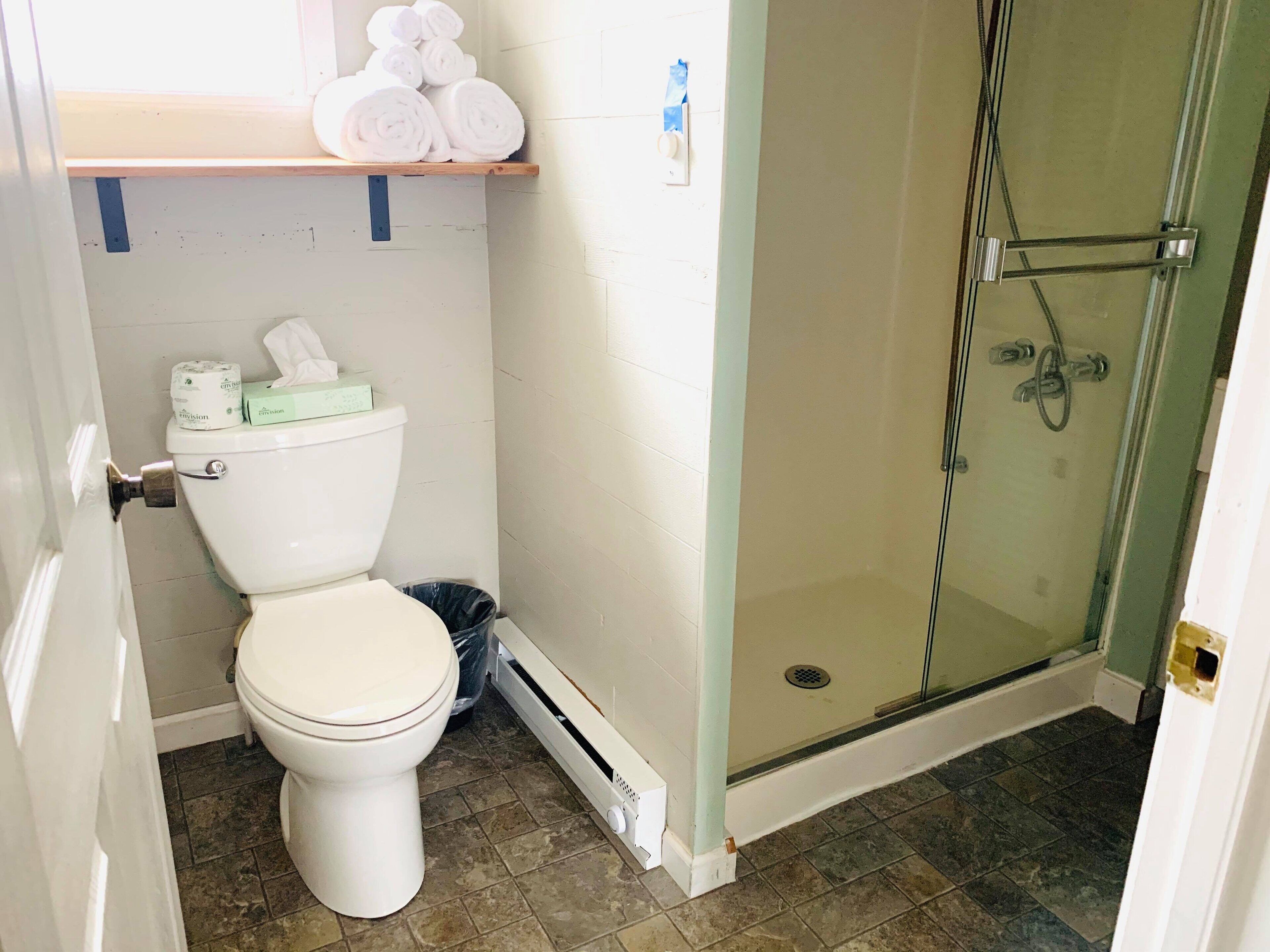 A bathroom with a toilet, a glass shower enclosure, and a shelf with rolled towels.