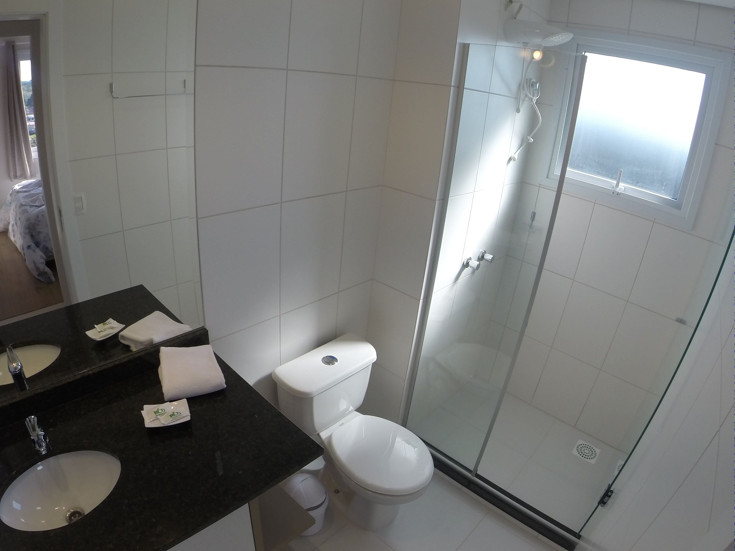A bathroom with a white toilet, a glass-enclosed shower, and a black countertop with a sink and mirror.