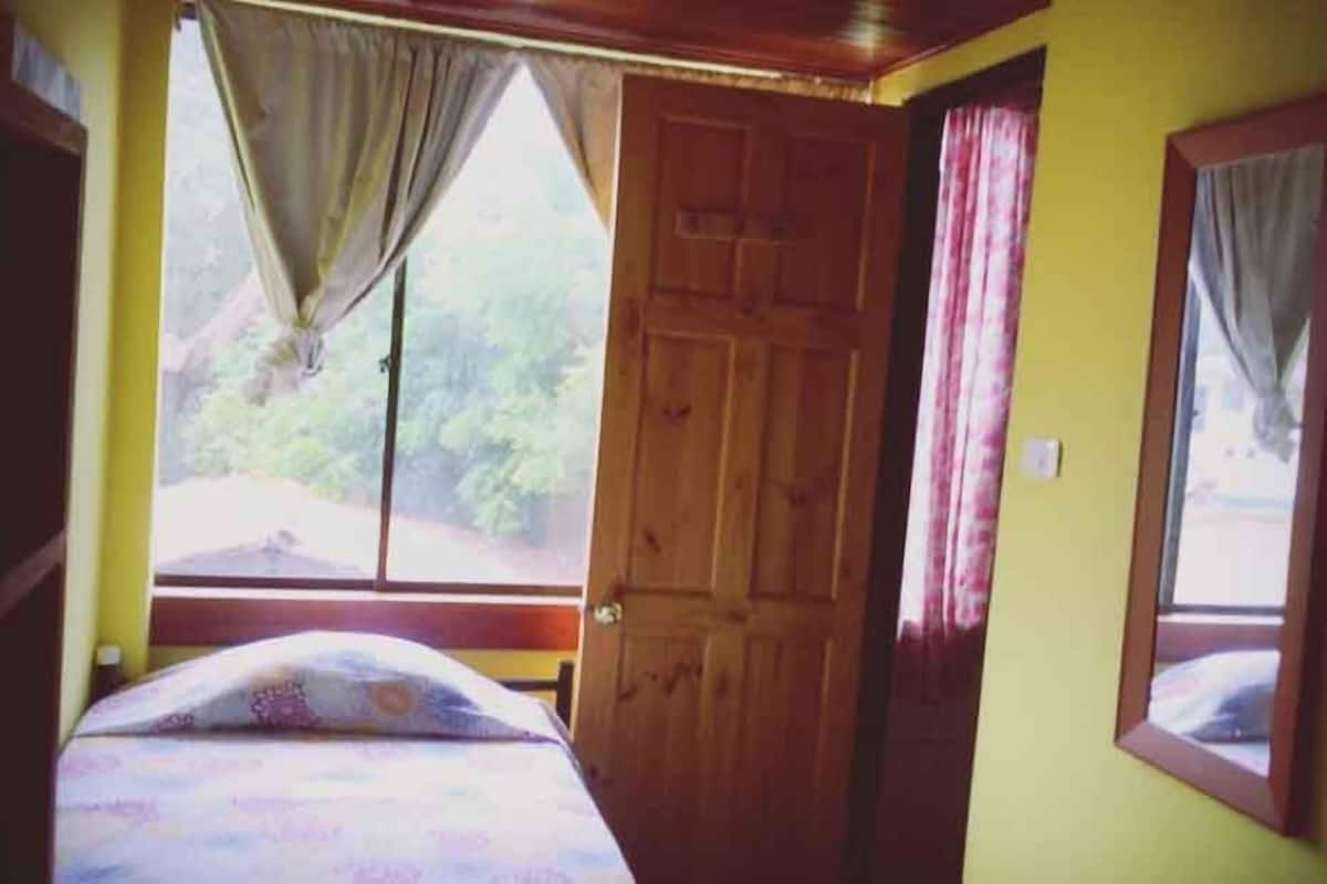 A room with a bed, a wooden door, and a window with curtains.