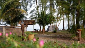 Um camping com uma estrutura de madeira, uma tenda e uma palmeira.