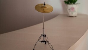 Une batterie posée sur un pied dans une pièce, avec une plante en pot en arrière-plan.