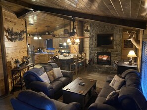 TV connectée, cheminée, lecteur de DVD, livres