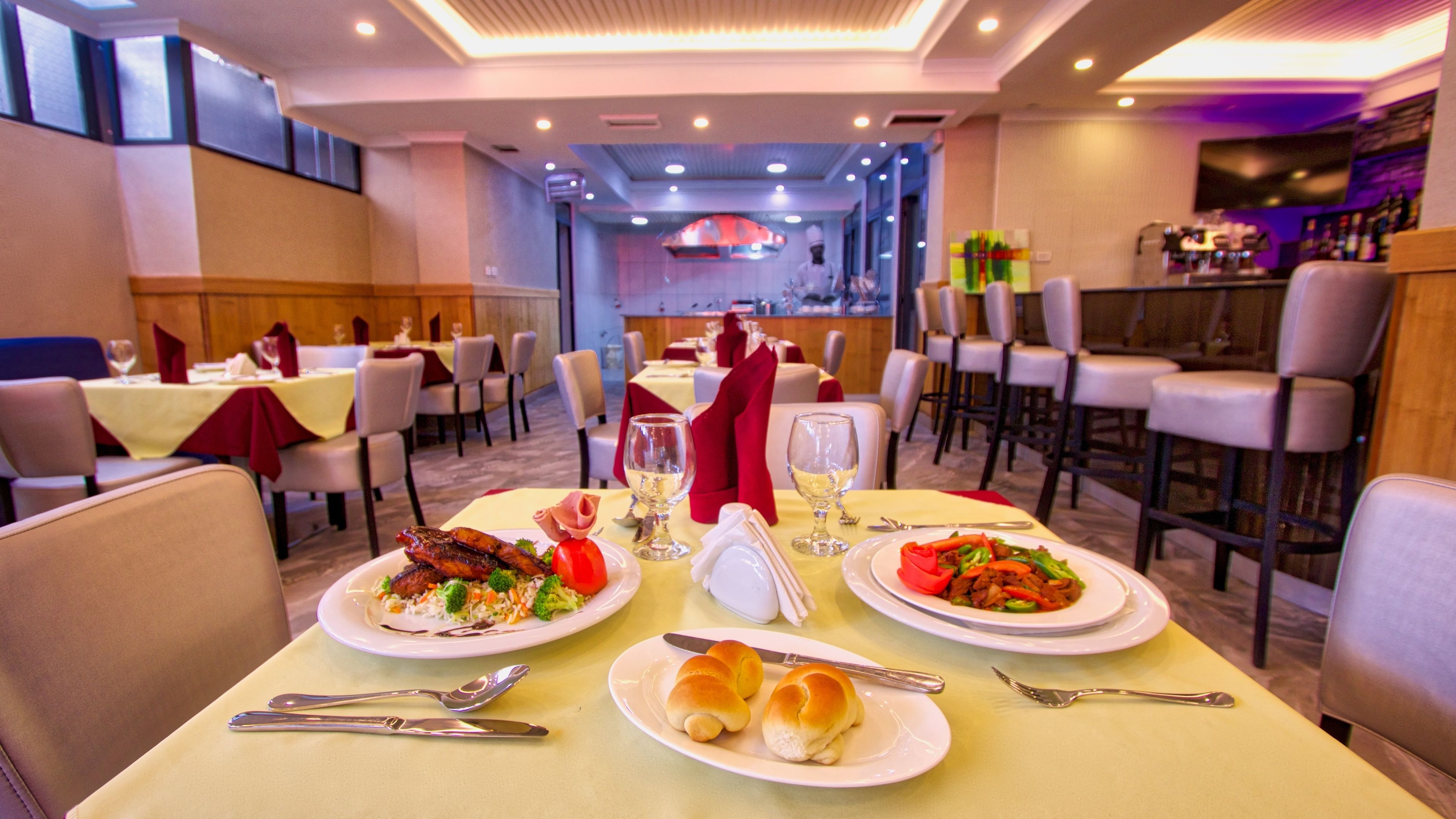 breakfast and dinner served, local and international cuisine