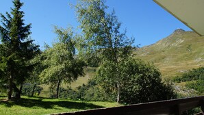 Eine hölzerne Bank mit Blick auf einen grasbewachsen Hang, Bäume und einen Berg im Hintergrund.
