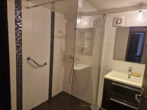 Shower, hair dryer, toilet paper
