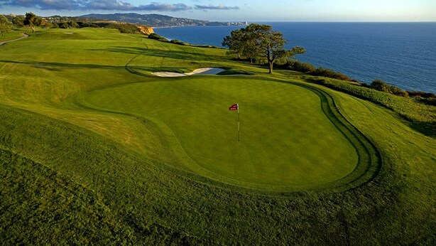 A golf course with a flag, a tree, and a view of the ocean. - La Jolla Shores 'Ocean Breeze Getaway', large patio, partial ocean view,sunsets (San Diego)