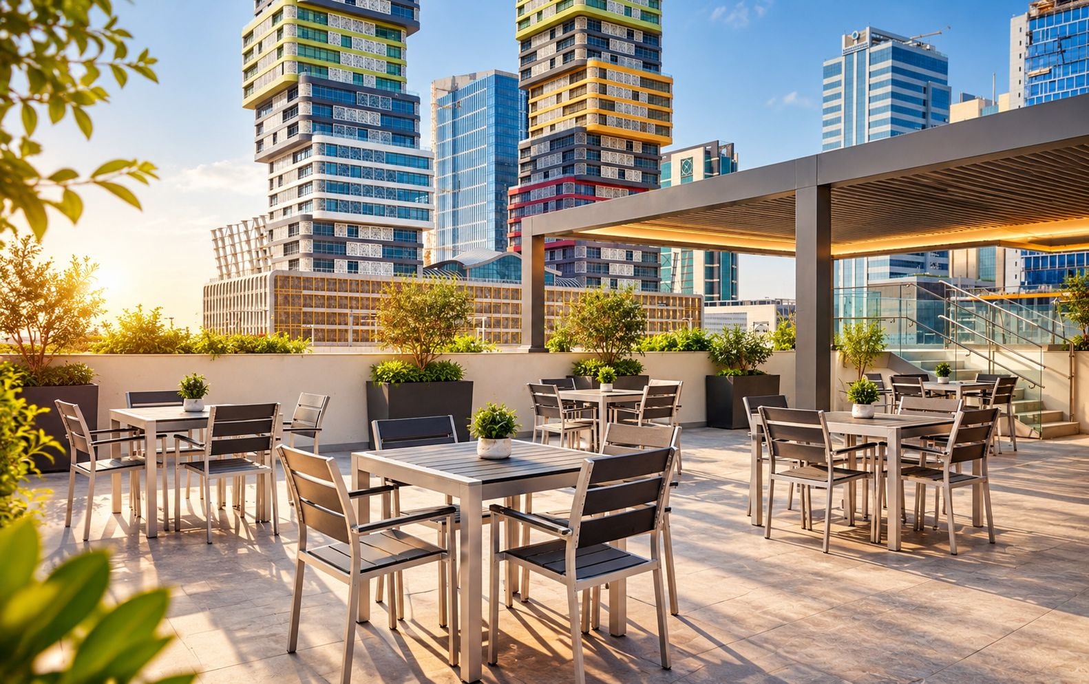 Un espacio al aire libre con mesas y sillas, rodeado de vegetación y vistas a un paisaje urbano con edificios modernos.
