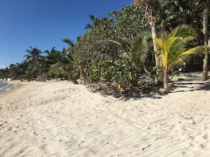 En la playa, camastros y toallas de playa 