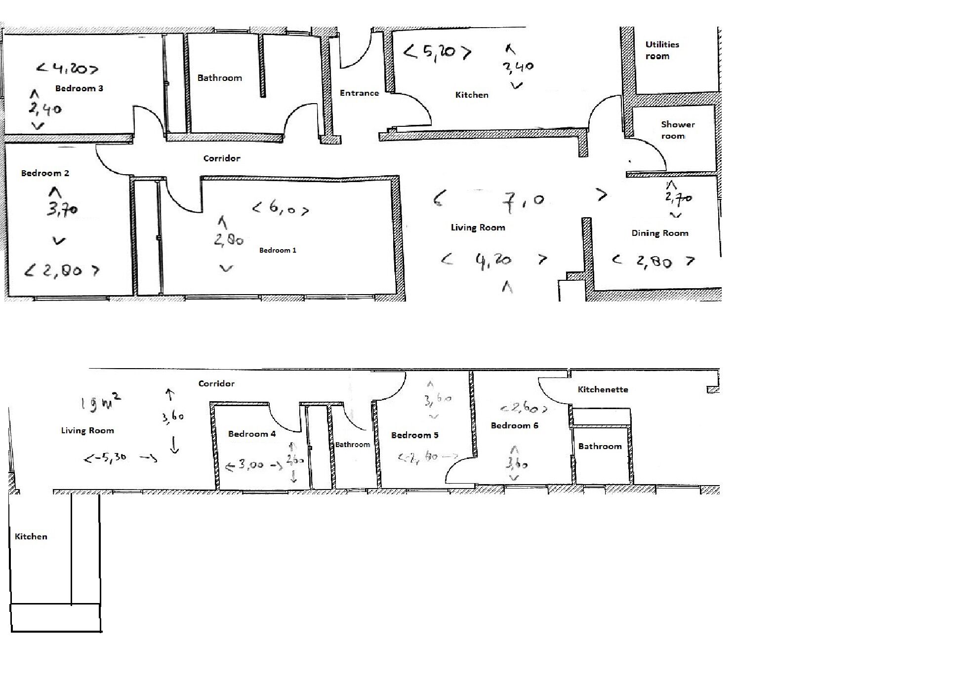 A floor plan of a house with six bedrooms, a living room, a kitchen, a bathroom, a shower room, and a dining room.