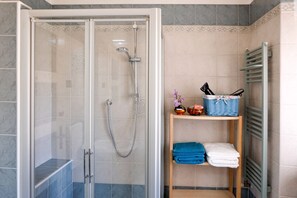Shower, hair dryer, bidet, towels