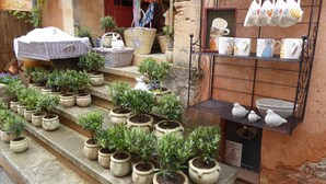 A storefront with potted plants, wicker baskets, and ceramic mugs displayed on shelves. - "Le Kiwi" - sleeps 2 self catering studio gite 10mins from Avignon! (Rognonas)