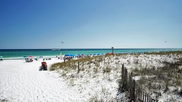 On the beach, sun-loungers