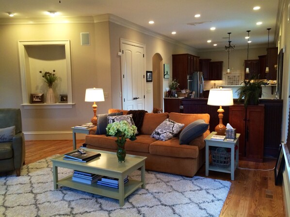 LCD TV, fireplace, DVD player, books