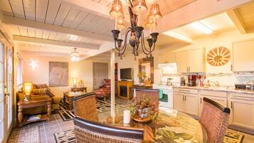 Smart TV, fireplace, DVD player, books