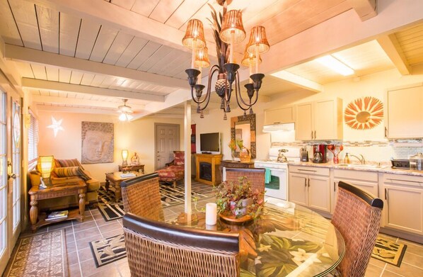 Smart TV, fireplace, DVD player, books