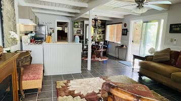 TV connectée, cheminée, lecteur de DVD, livres