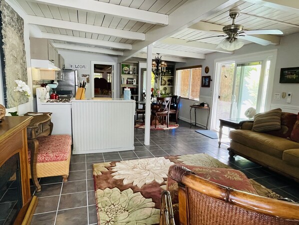 Smart TV, fireplace, DVD player, books