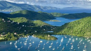 A coastal landscape with numerous sailboats anchored in a bay surrounded by lush green hills. - HEAVENLY VIEWS and PRIVATE POOL!! (Coral Bay)
