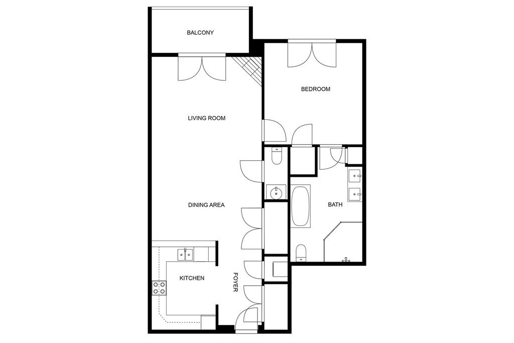 Un plan d’étage comprenant un balcon, un salon, un coin repas, une cuisine, un hall d’entrée, une chambre et une salle de bain.