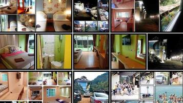 Un hotel con varias habitaciones, cada una con cama, ventana y baño.