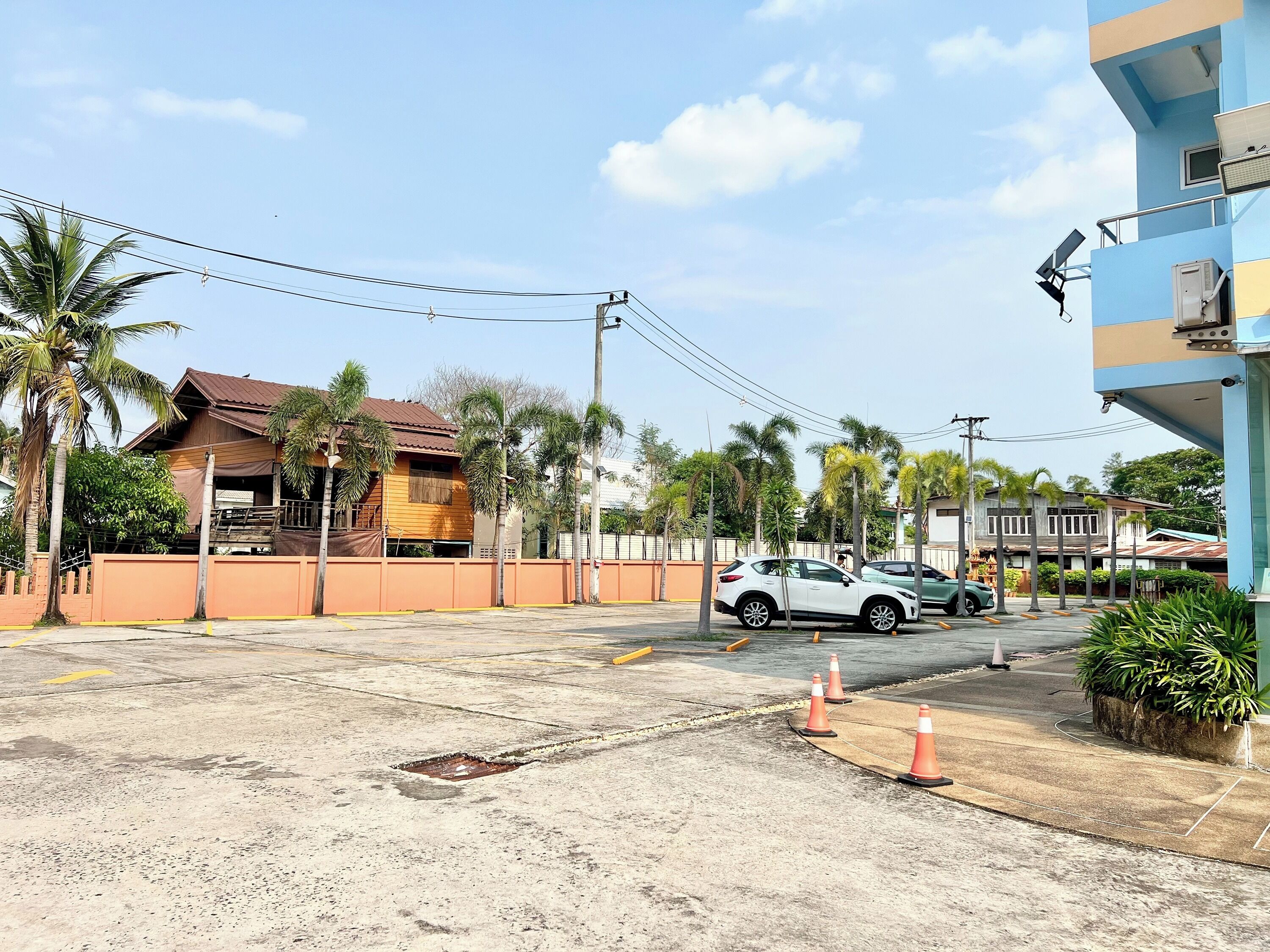 Una calle residencial con casas, palmeras y coches aparcados.