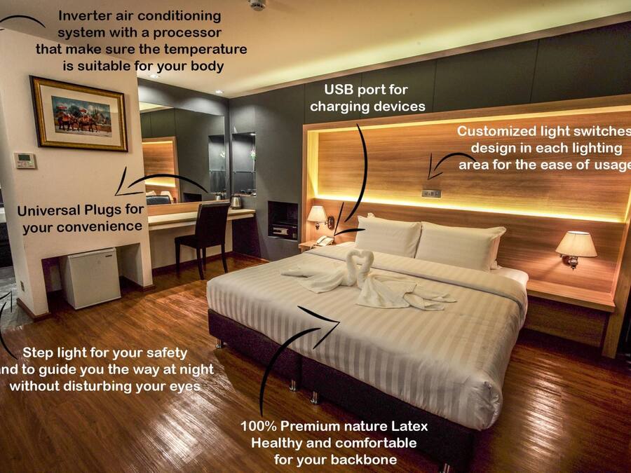 A hotel room with an inverter air conditioning system, universal plugs, a USB port for charging devices, customized light switches, a step light, and a bed with 100% premium nature latex bedding.