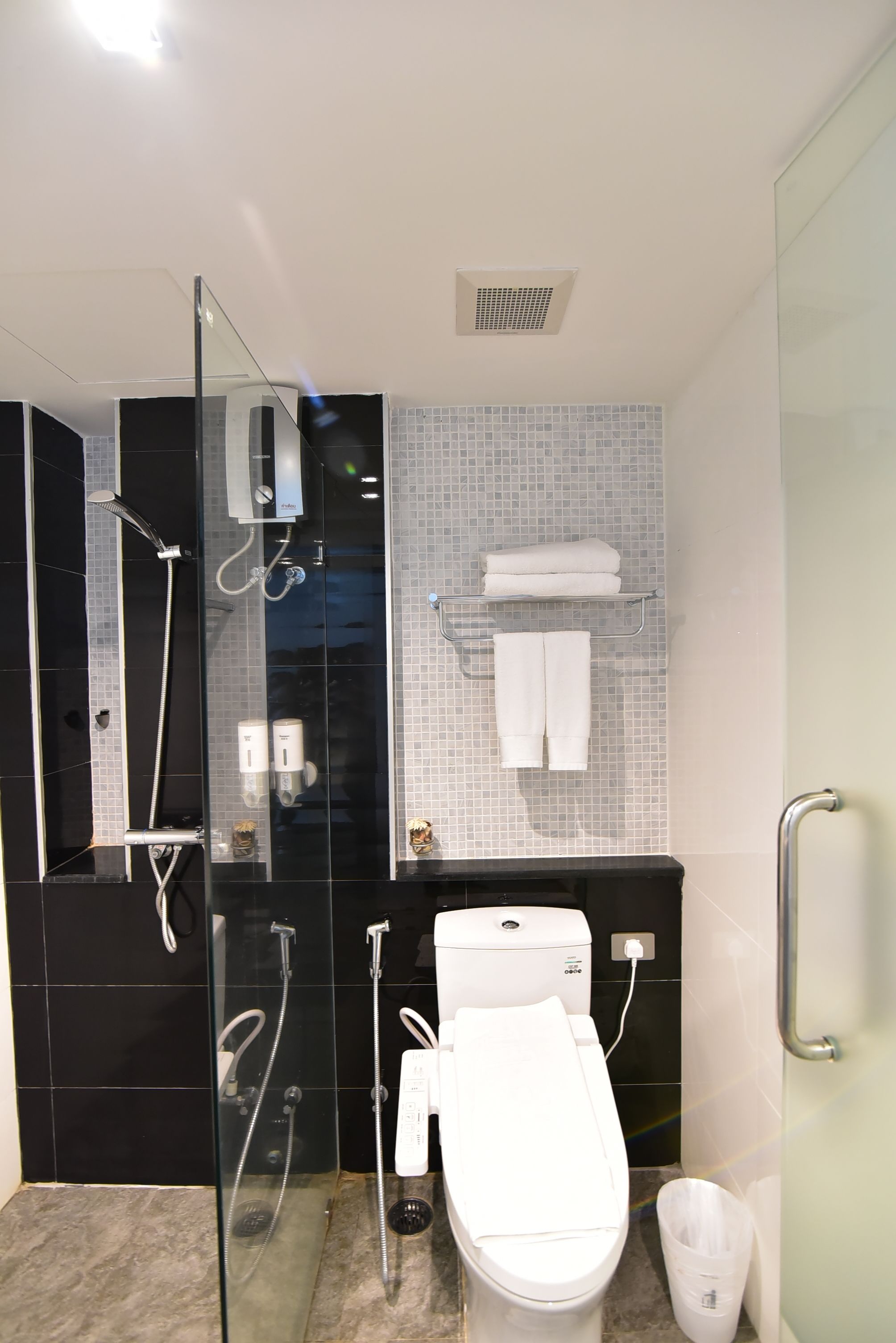 A modern bathroom with a glass-enclosed shower, a white toilet, and a towel rack.