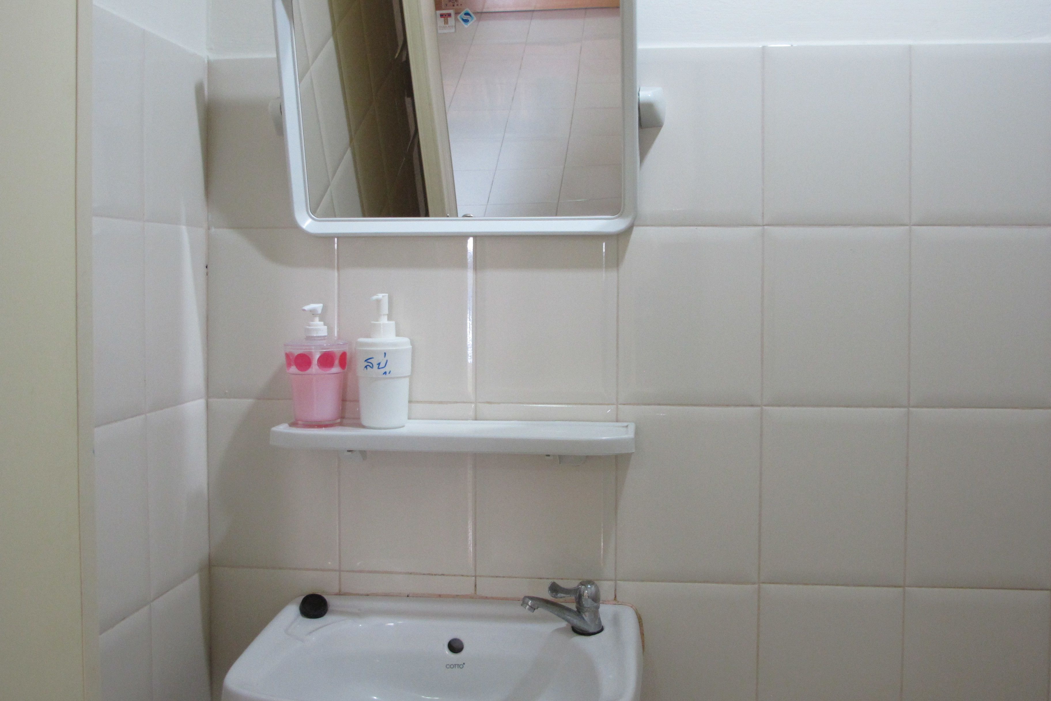 A bathroom with a white sink, a mirror, and a shelf with two bottles.