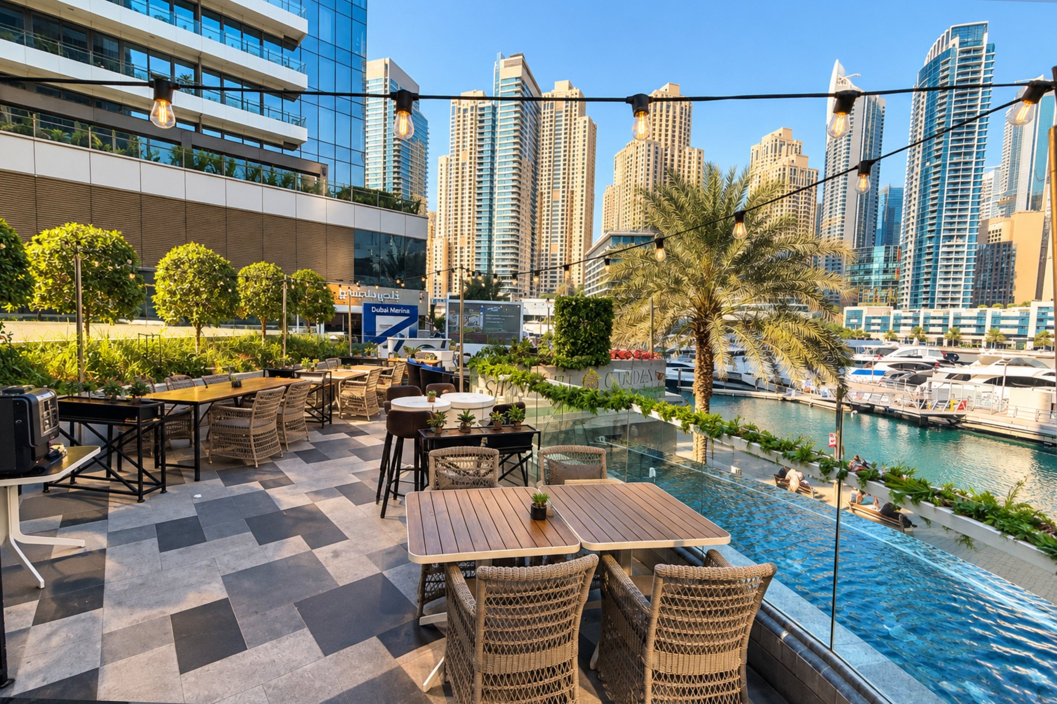 Une terrasse extérieure avec des tables et des chaises, offrant une vue sur un port de plaisance et le panorama de la ville.