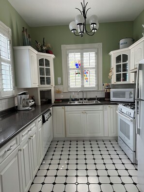 Een koelkast/vriezer, een magnetron, een oven, een kookplaat