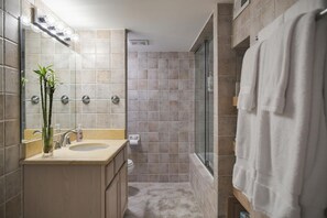 Ducha y bañera combinadas, secador de pelo, toallas y champú