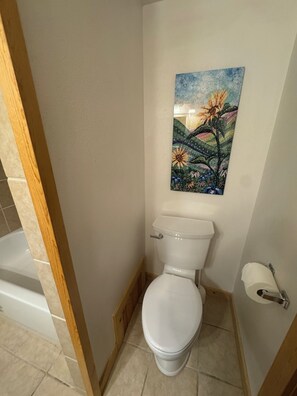 Bañera, secador de pelo, toallas y jabón