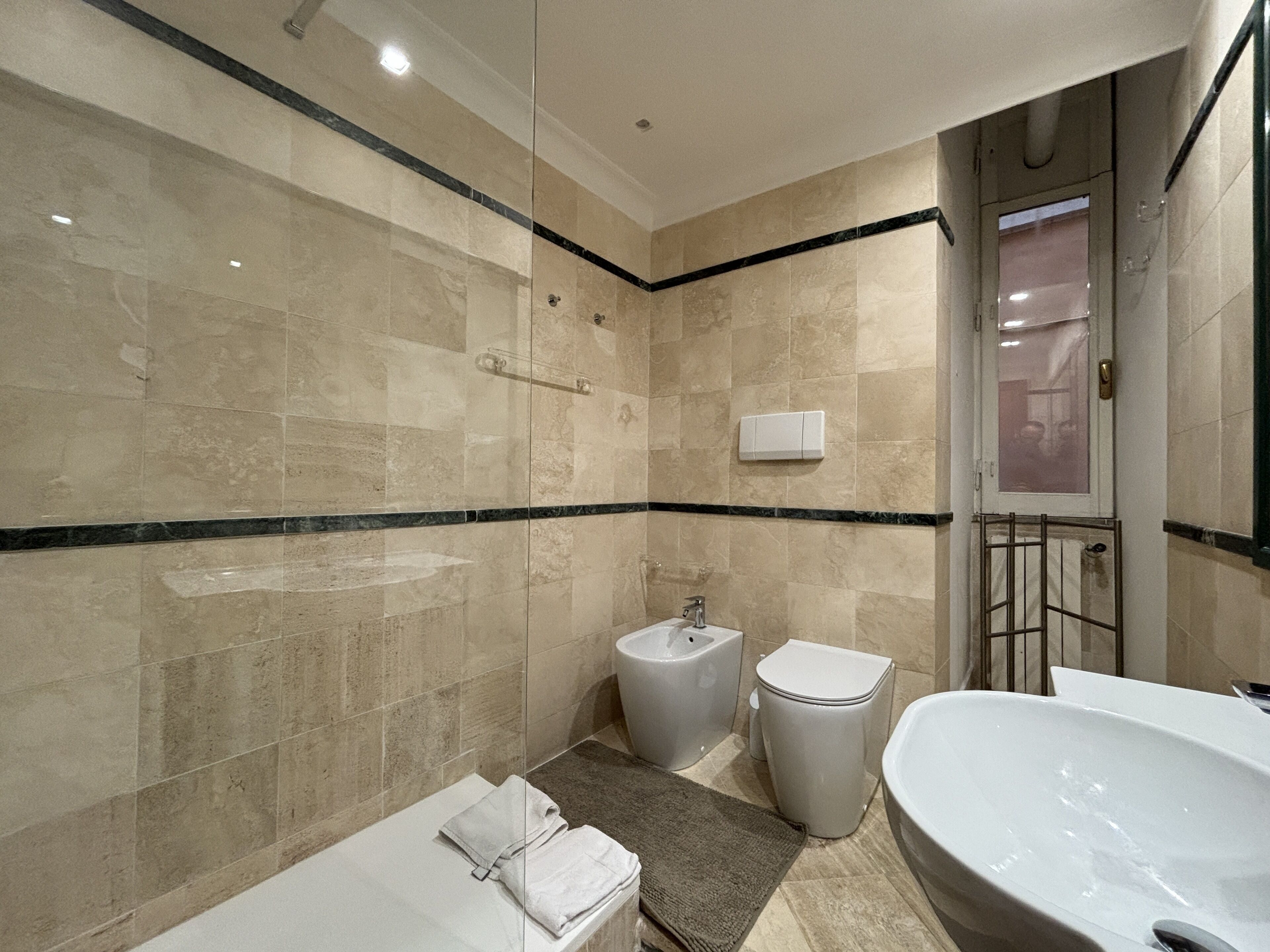 Shower, hair dryer, bidet, towels