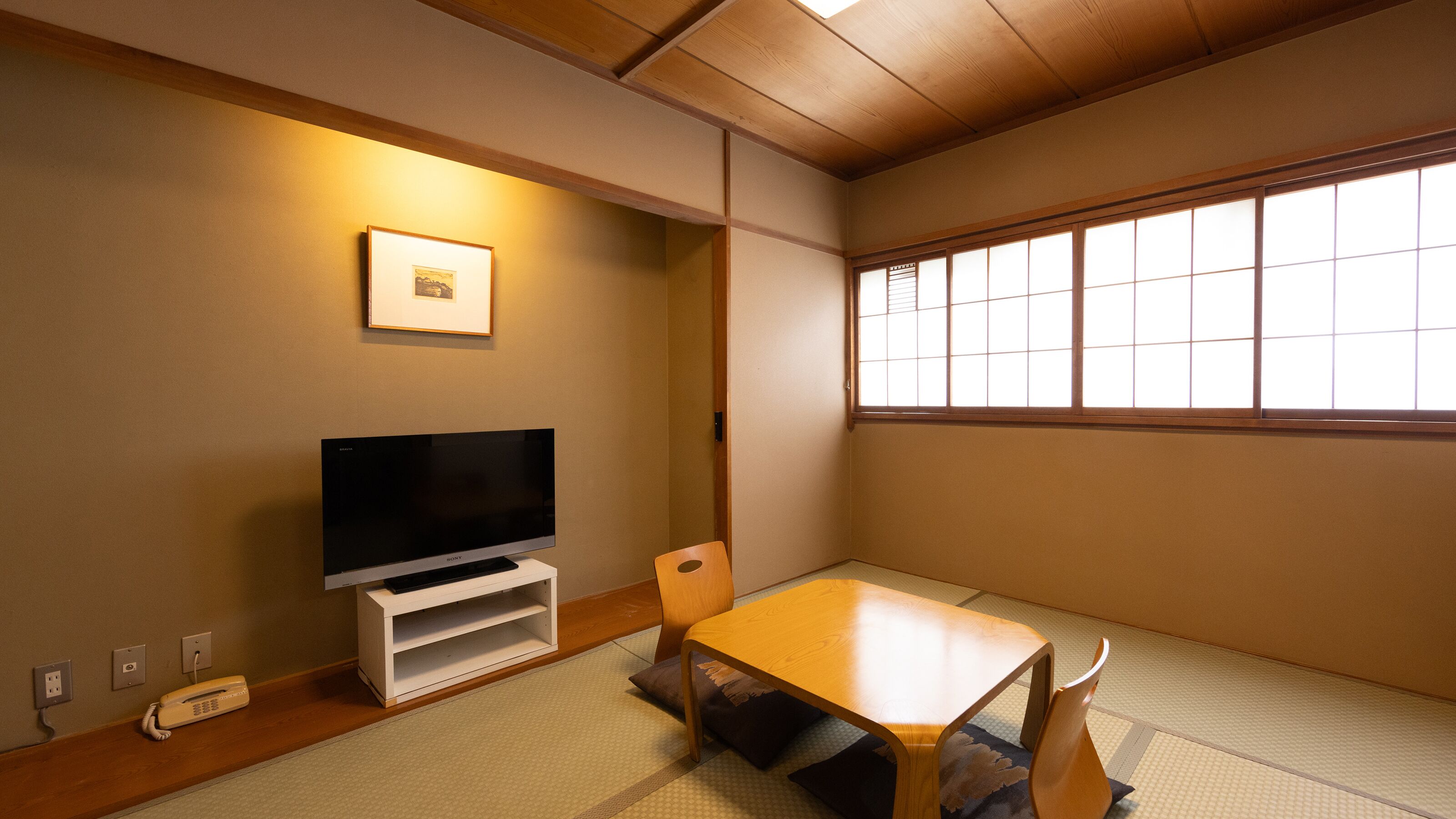A room with tatami flooring, a television on a stand, a framed picture on the wall, and a window with a view.