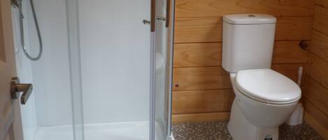 A bathroom with a glass-enclosed shower, a white toilet, and wooden walls.