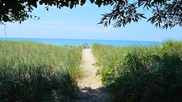 Plage à proximité, chaises longues, serviettes de plage