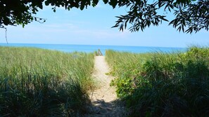 Ein sandiger Pfad führt zum Strand, umgeben von hohem Gras und Bäumen.