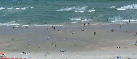 A beach with people swimming and walking along the shore. There are rows of umbrellas and beach chairs.