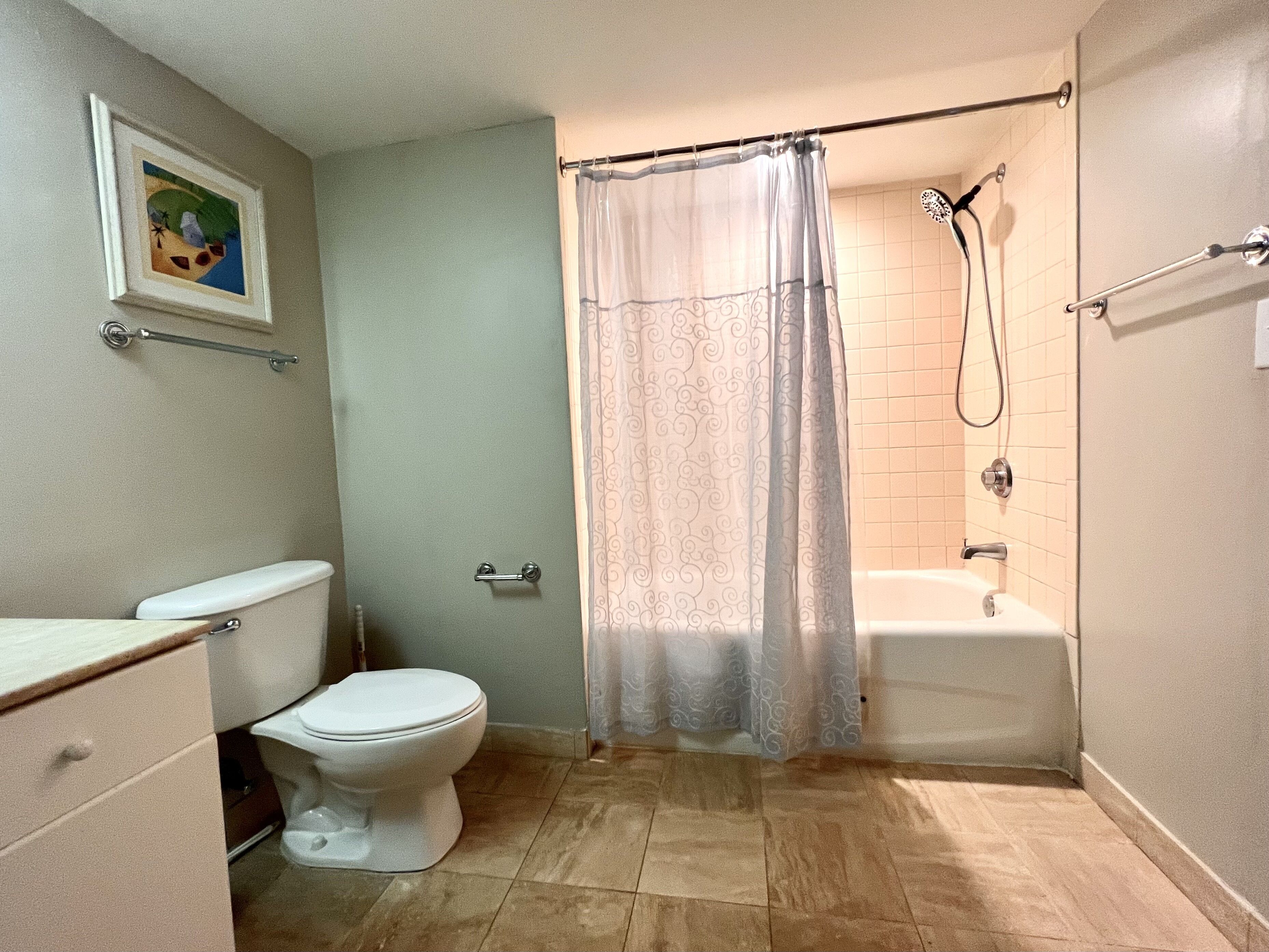 A bathroom with a toilet, a shower, and a bathtub.