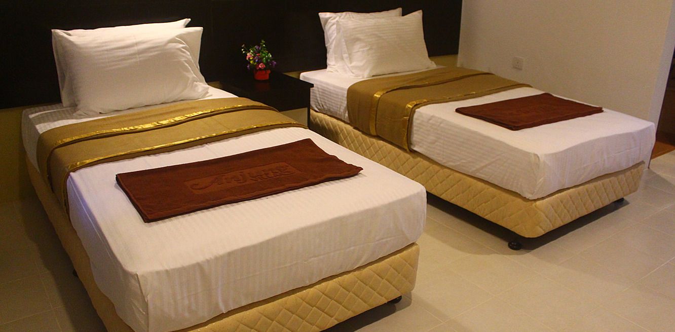 Two double beds with gold headboards and white bedding, a small table with a plant, and a dark-colored nightstand.