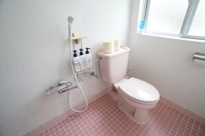 Douche, articles de toilette gratuits, sèche-cheveux, chaussons