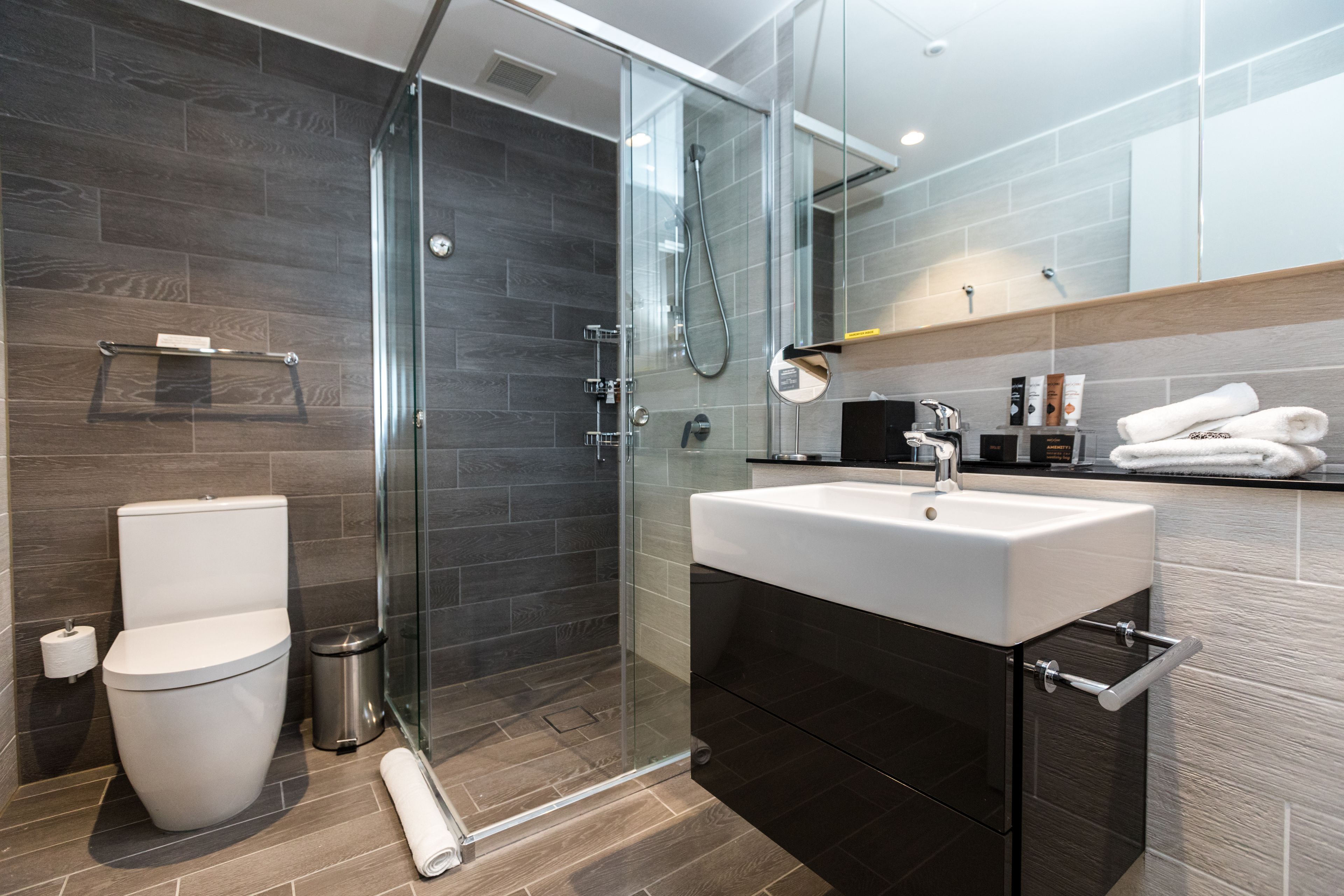 A modern bathroom with a glass-enclosed shower, a white toilet, a black sink, and a mirror above the sink.