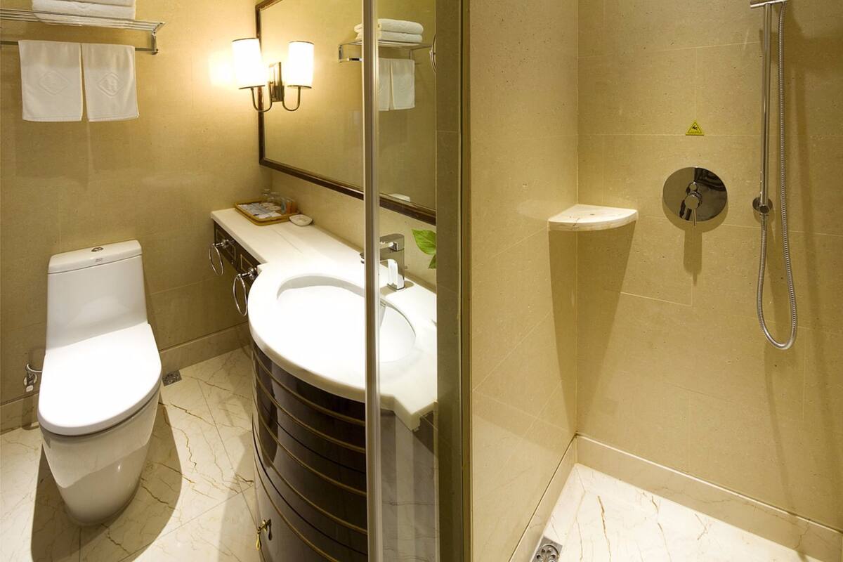 Een moderne badkamer met toilet, wastafel en douche.