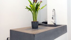 Un baño moderno con un lavamanos rectangular y una planta en maceta.